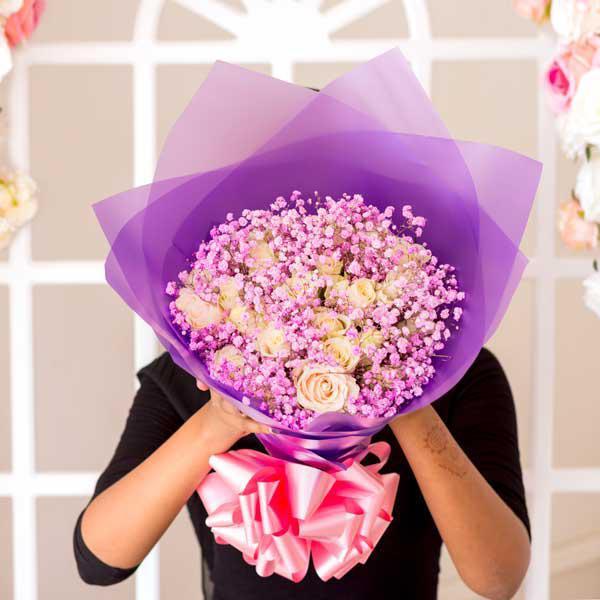 White Roses and Pink Baby s Breath Bouquet Online Sale