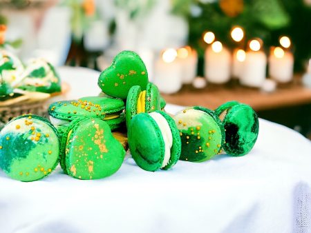 St. Patrick s Day Trio: Butter Rum Green & Gold Heart, Mojito Mint amnd Piña Colada | 12 Pack French Macarons Hot on Sale