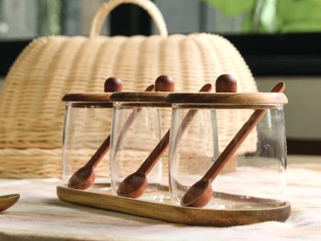 Glass Jar with Acacia Wood Lid, Spoons and Tray Sale