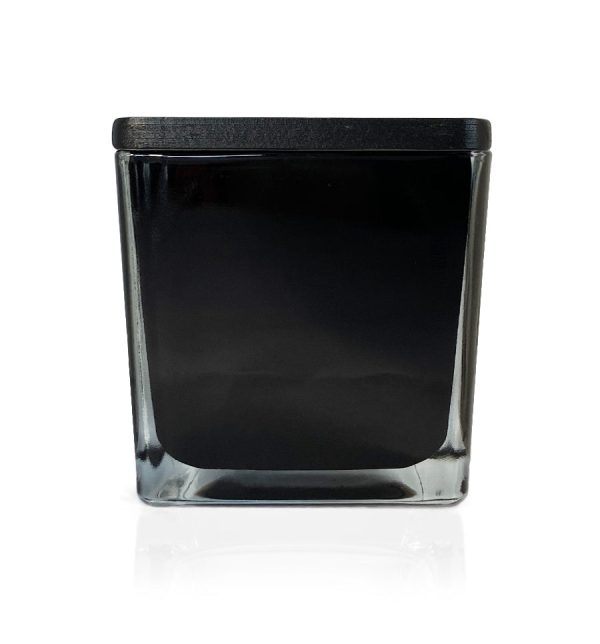 Seconds - Black Square Glass Candle Jar with Black Wooden Lid 250ml For Sale