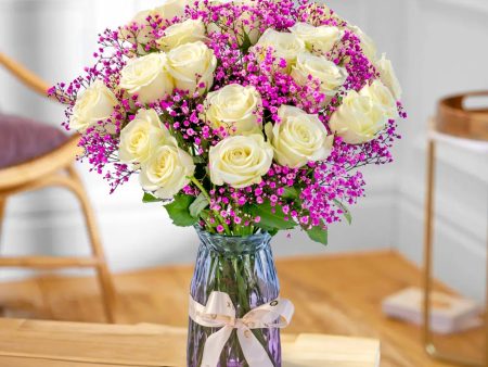 White Roses and Pink Baby s Breath Bouquet Online Sale