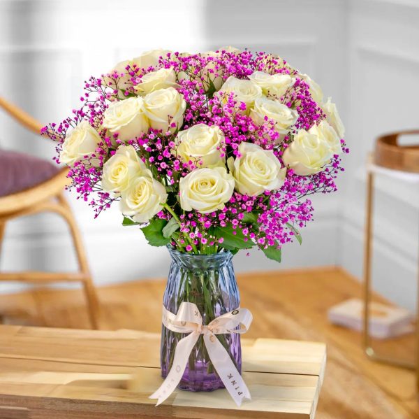 White Roses and Pink Baby s Breath Bouquet Online Sale