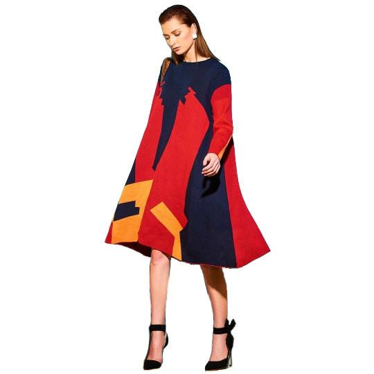 Asymmetrical Color Block Long Sleeve Women s Sweater Dress Cheap