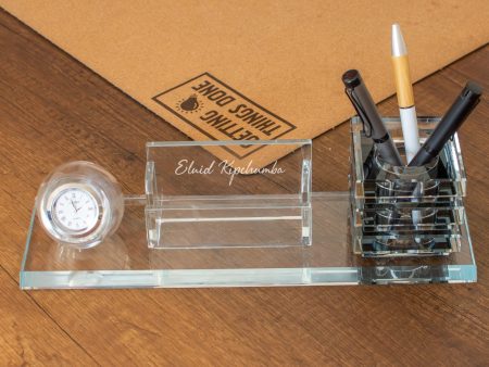 Personalised Glass Desk Organiser With Clock on Sale