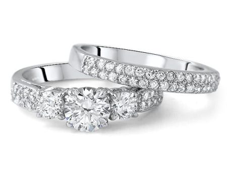 1.35 CTW Silver 3 Stone Pave Engagement Ring Set Online now