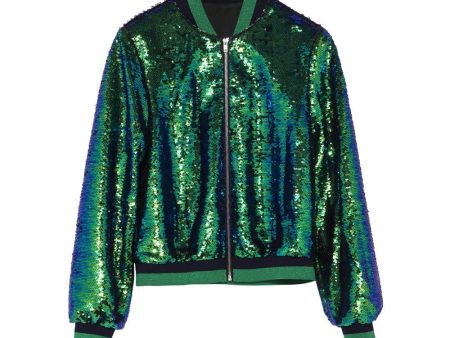 Avocado Green Full Sleeves Peter Pan Collar Sequined Bomber Jacket Hot on Sale